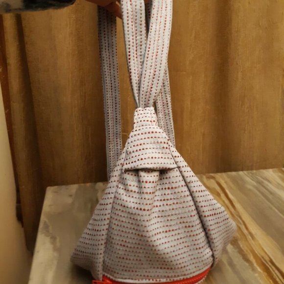 Double Handle Sling Purse Backpack Bag Blue Denim Polla Dot Red Multi Zippers - Picture 12 of 14